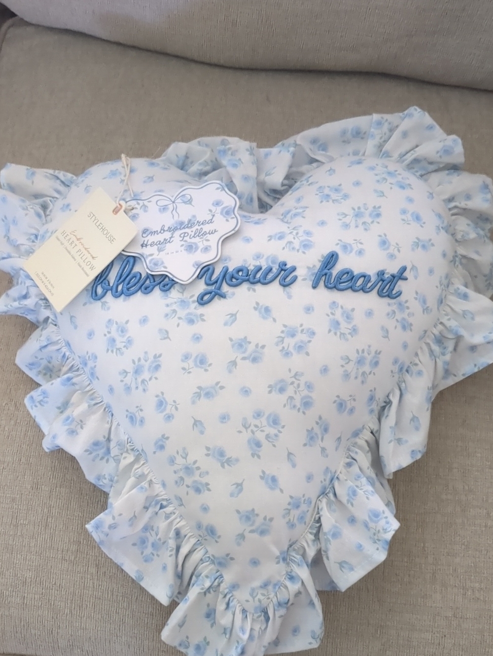 Embroidered 'Bless Your Heart' Blue Floral Heart Accent Pillow